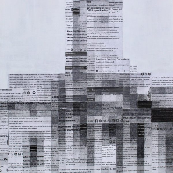 Life Through a Digital Filter, collaged newspaper and pencil on MDF, 60 x 48.5cm (2021)